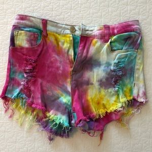 Tie dye denim shorts